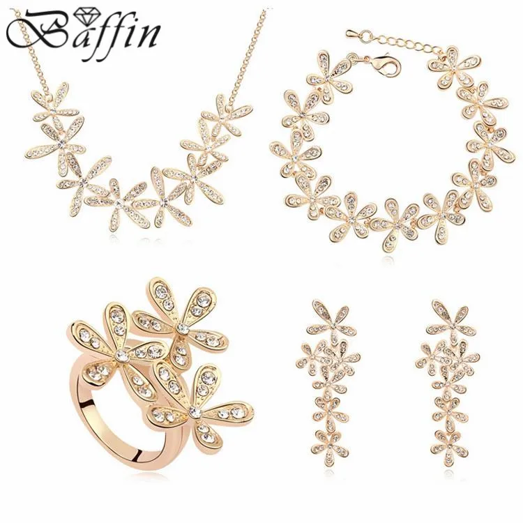 

Gold Color Jewelry Sets Made With Austrian Elements Crystal Leaf Necklace Earrings Bracelet Ring wedding accessories