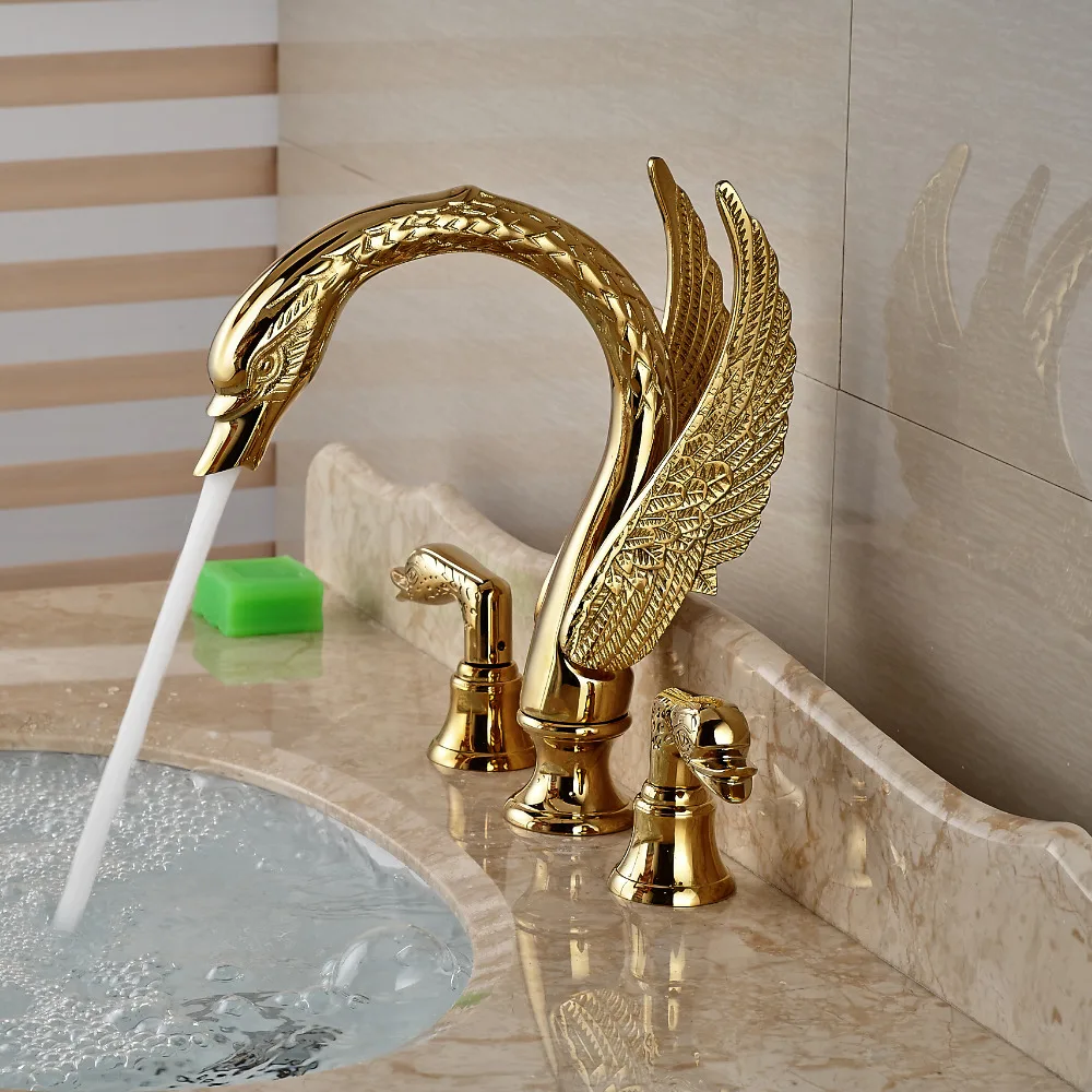 Luxury Gold Swan 2 Handles Bathroom Basin Mixer Faucet Tap W/ 3 Hole Cover Plate 