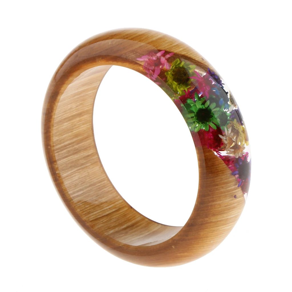 Clear Dried Flowers Incased Resin Charms Wooden Bracelet Bangle Women Girls Bohemian Jewelry Fashion