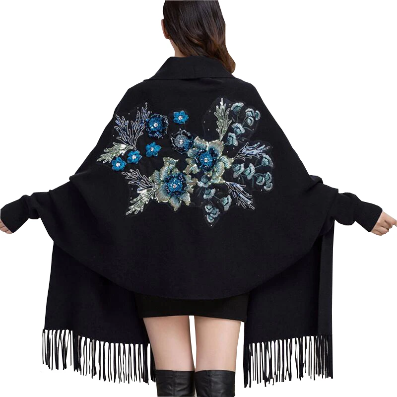 Best Price Autumn Winter Fashion Women Cardigan Female Wrap Swing Sweater Shawl V Neck Printed Tassel