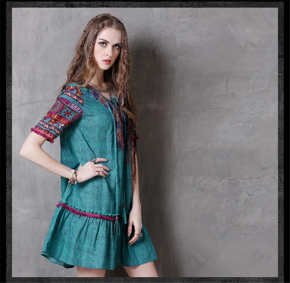 Vintage Women Summer Dress 2017 Boho New Denim Vestidos V-Neck A-line Embroidery Loose Natural Waist Thin Sundresses  (12)