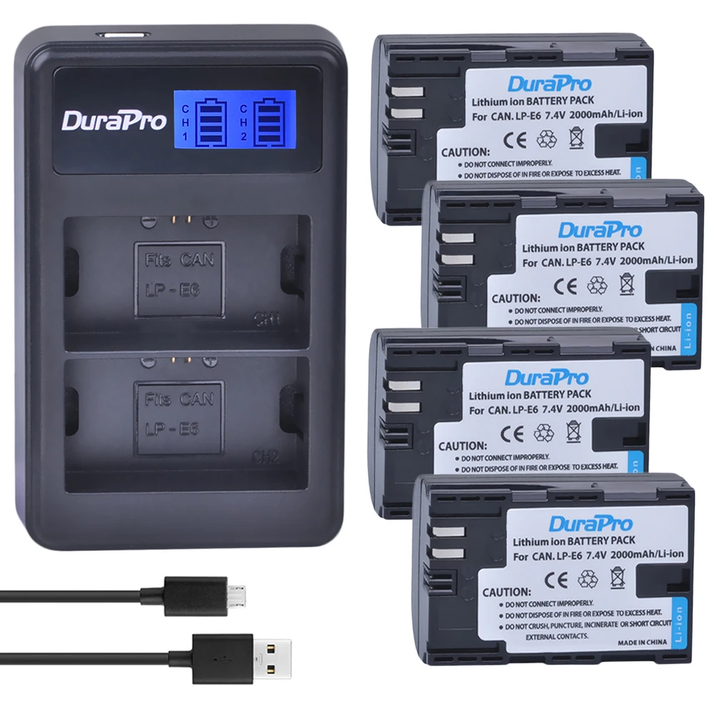 4 x DuraPro LP-E6 LP-E6N 2000 мА/ч, LP E6 LPE6 Камера Батарея+ ЖК-дисплей USB Dual Зарядное устройство для Canon 5D Mark II III 7D 60D EOS 6D