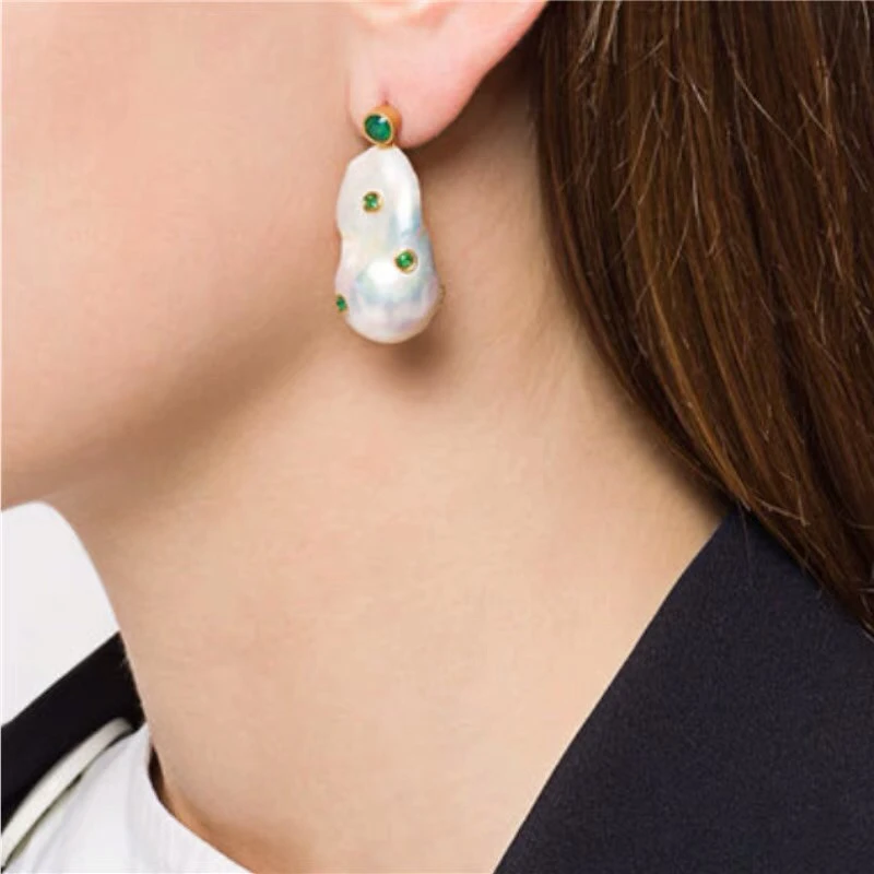 2019 Spring New High Fashion Brand Jewelry Gold Color Dangle Baroque Pearl Tassel Earrins With Green Yellow Stone Femme Bijoux | Украшения