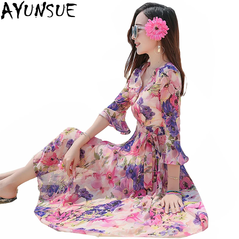 AYUNSUE летнее шифоновое платье с принтом для женщин, новинка, большие размеры 4XL, с v-образным вырезом, милые женские платья, праздничные платья, vestidos de Плайя LX1517