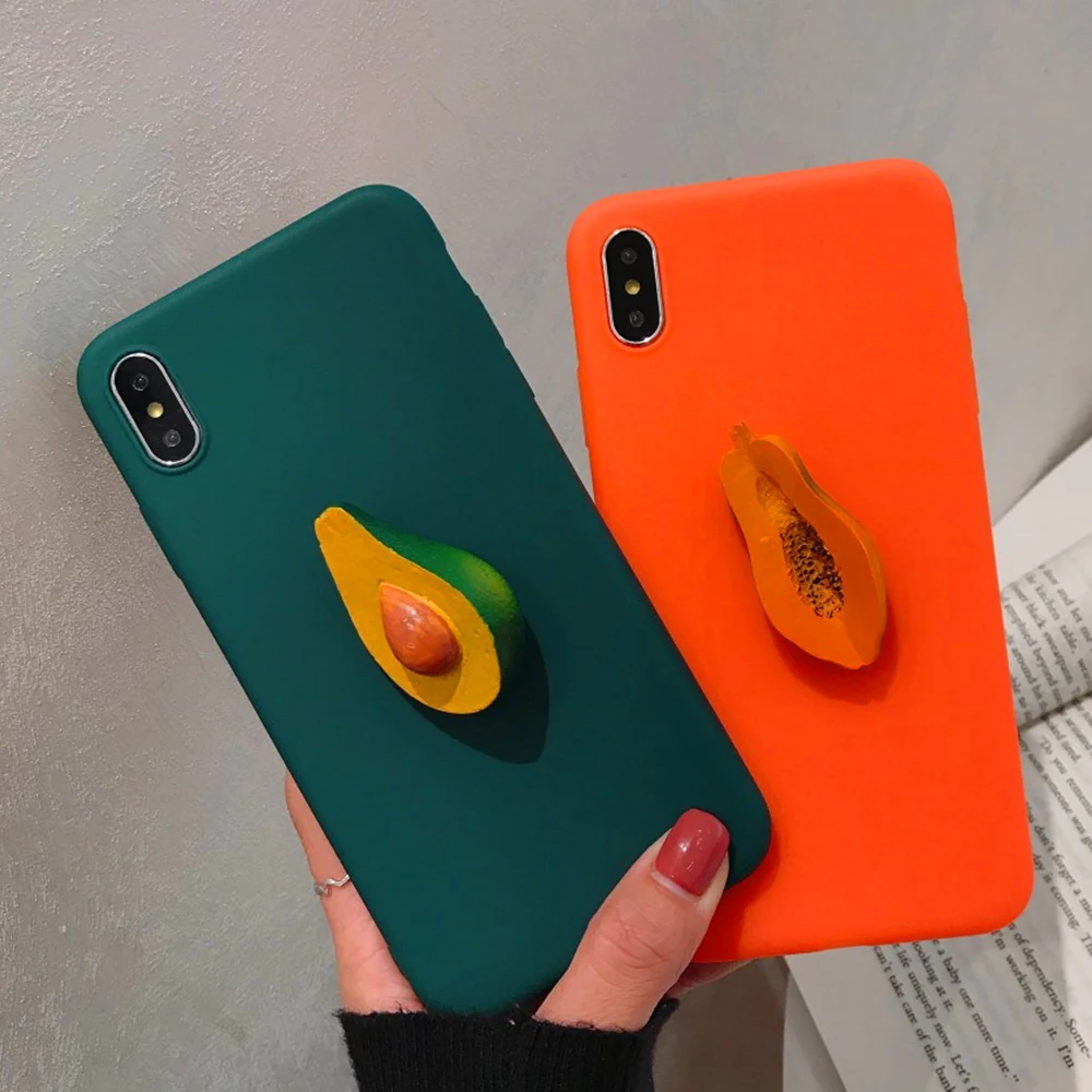 

Luxury 3D Avocado Papaya Retro Solid Color Silicone Phone Case For iPhone X 7 XS MAX 6Plus 8 6S XR Dark Green Orange Soft Cover