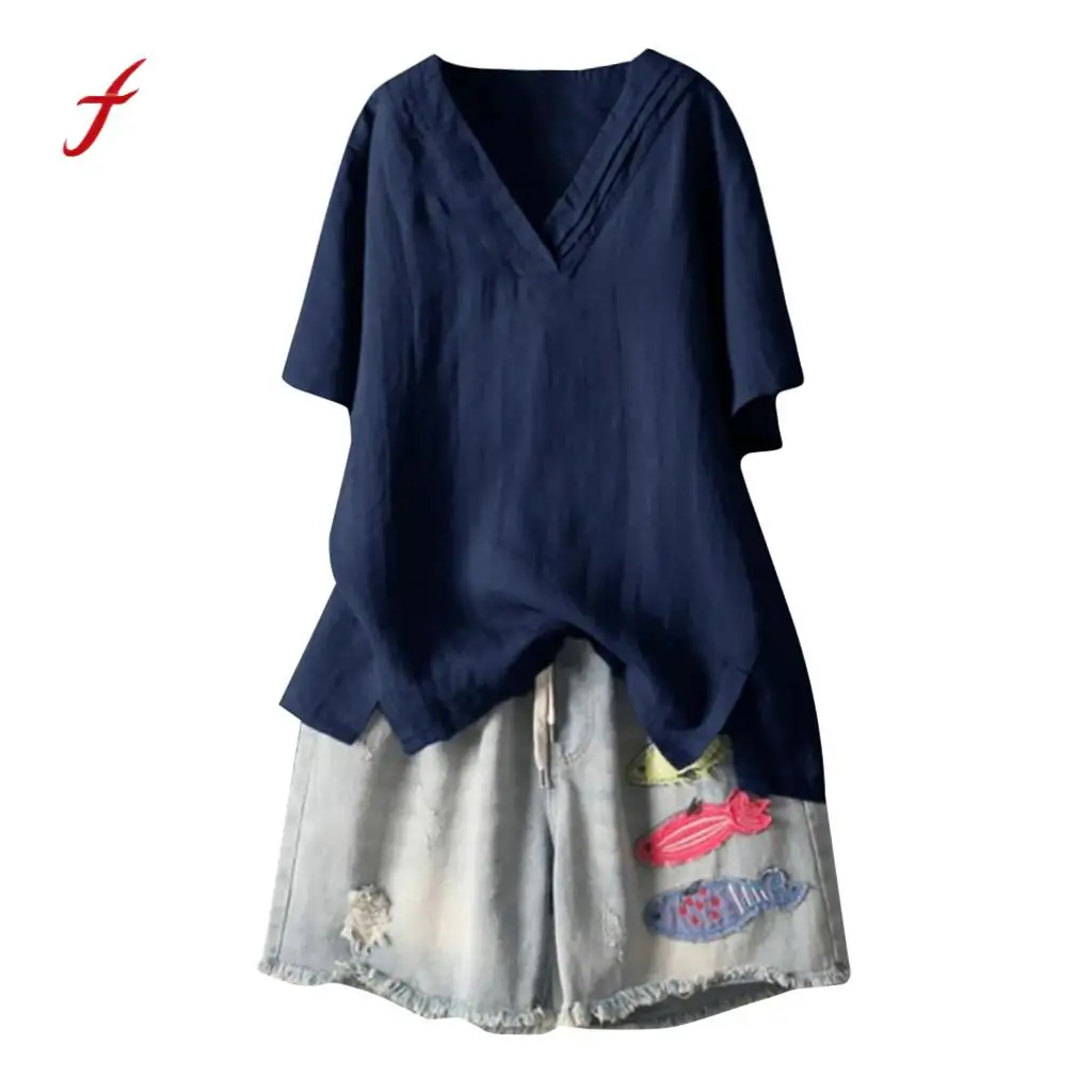 

Summer t shirt women feitong brand Short Sleeve Cotton And Linen V Neck Loose women clothes 2019 poleras mujer