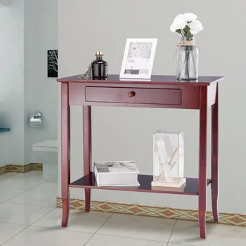

Giantex Console Table Classic 2 Tier Porch Table Lower Shelf Drawer Cherry Color Living Room Furniture HW57875