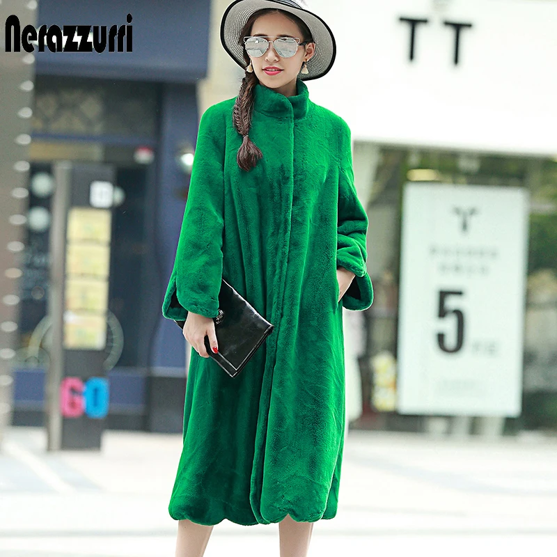 Nerazzurri длинное пальто из искусственного меха для женщин зима однотонная с воротником-стойкой, свбодная зеленая черная розовая плюшевая верхняя одежда большой размер 4xl 5XL 6XL 7XL эко шуба искусственная норка