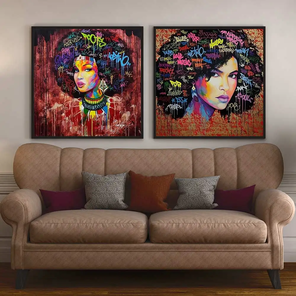 

Graffiti Wall Art Poster Prints Abstract Afro Girl Canvas Painting African American Women Picture for Living Room Home Decor