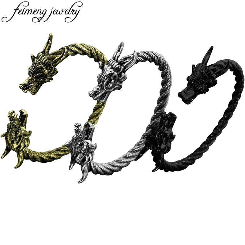 

Viking Bracelet Domineering Cool Double Dragon Heads Screw Bracelets Retro Bronze Adjustable Wire Bangle For Men Fashion Jewelry