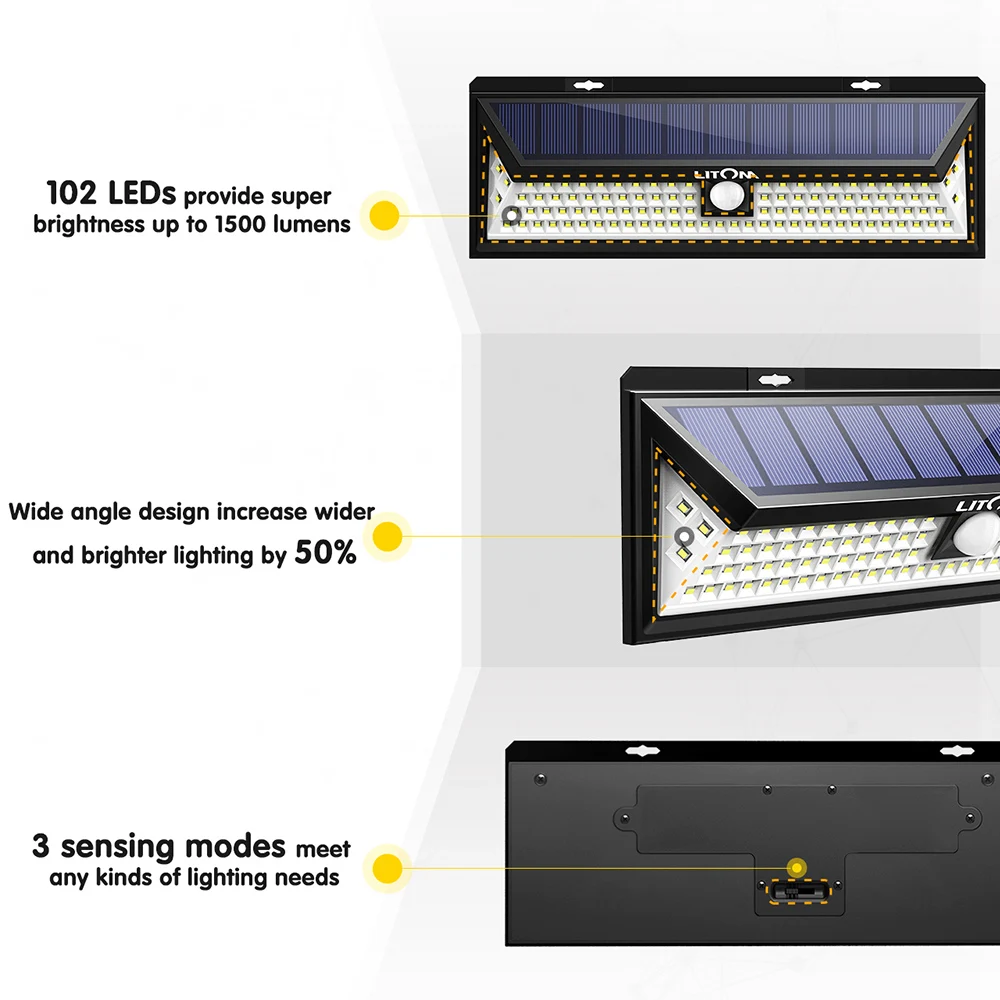 Litom CD126 120 Вт солнечный светильник s Открытый датчик движения Ночной безопасности настенный светильник 102 светодиодный светильник водонепроницаемый энергосберегающий садовый двор