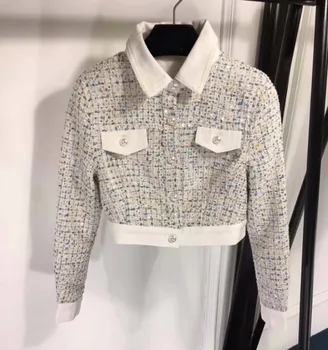

Chaquetas mujer inviemo 2018 fashion jeans stitching tweed famale jacket autumn short paragraph coat vadim cute women's clothing