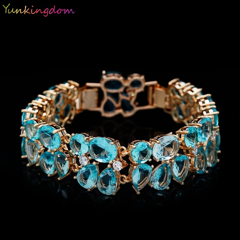 

Beautiful Attractive Jewelry 24K Gold Plated Blue Oval Cubic Zircon Delightful Bracelets Bangles for OL