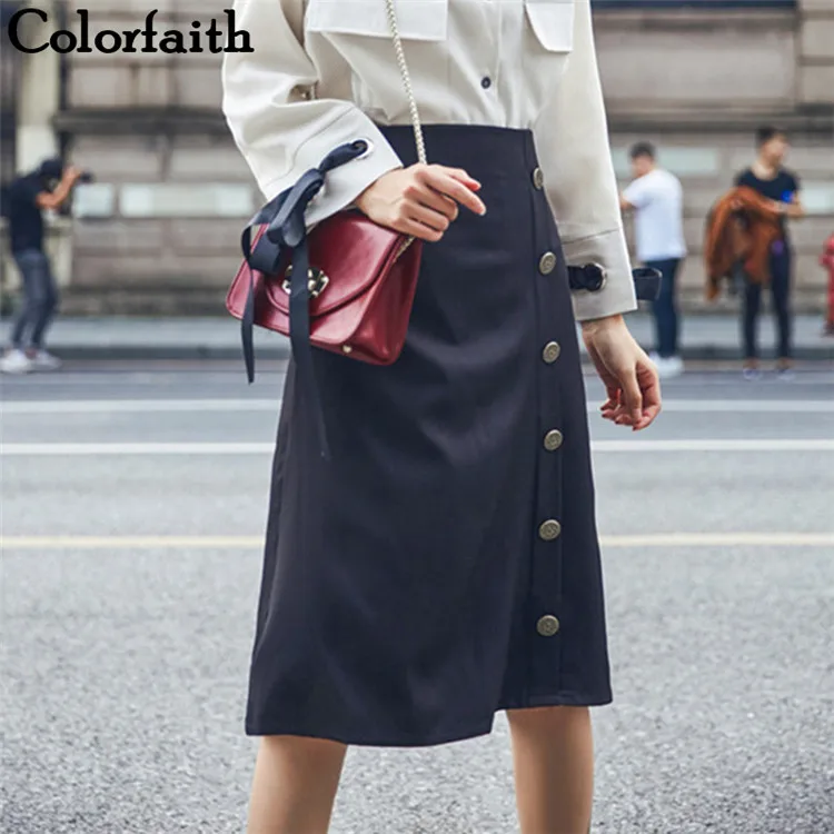 

Colorfaith New 2018 Women A-line Midi Skirt Autumn Winter Vintag Buttons Ladies Fashion Skirt High Waist Female SK5936