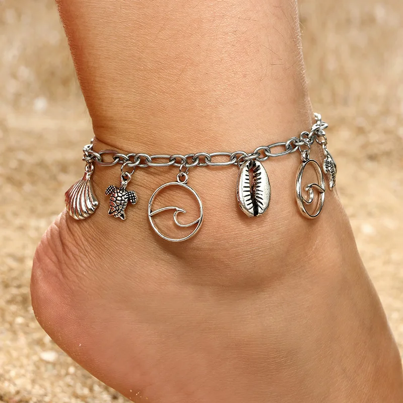 

Hot Sale Turtle Spray Shell Summer Ocean Wind Anklet Silver Chain Adjustable Charm Anklets For Women Men Beach Jewelry Best Gift