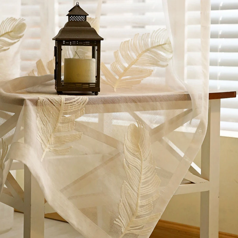 New White/Blue Feather Embroidered Voile Curtains for Living Room the Bedroom Sheer Curtains Tulle Window Fabric Drapes