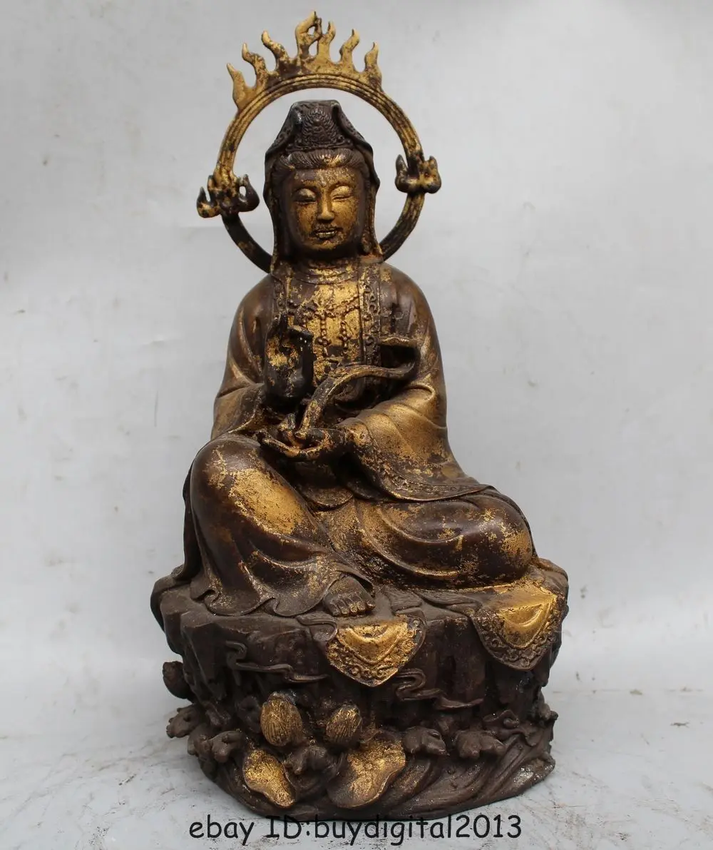 

12" Chinese Buddhism Bronze Gild Seast Ru Yi Kwan-yin Guan Yin Goddess Statue