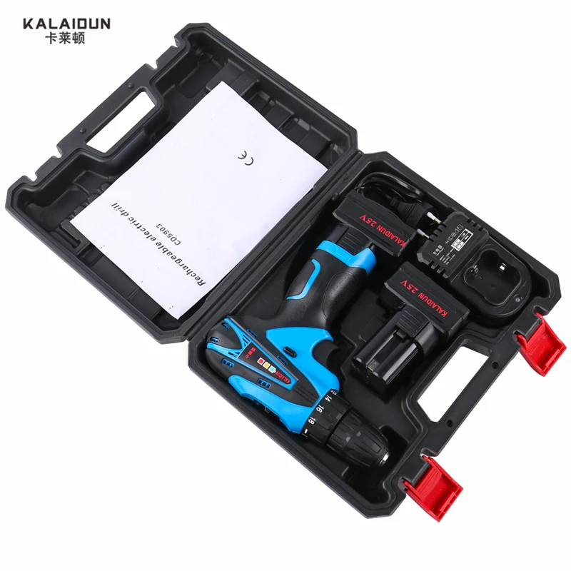 KALAIDUN 25V Electric Drill Power Tools Electric Screwdriver Lithium 2*Battery Cordless Impact Drill With Extra Toolbox