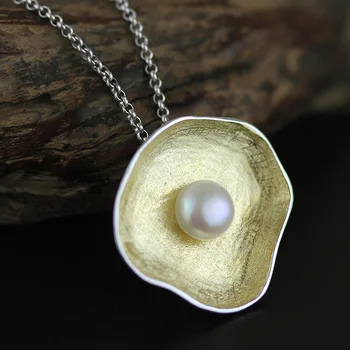 

Pure Silver 925 Sterling Silver Jewelry Wholesale Pearl Inlaid Large Pearl Pendant Two Tone Color Hand Made Silver Jewelry (WS)