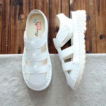 

Summer New Breathable Literary White Shoes Retro Nice Flat Shoes Soft Bottom Round Female Sandals