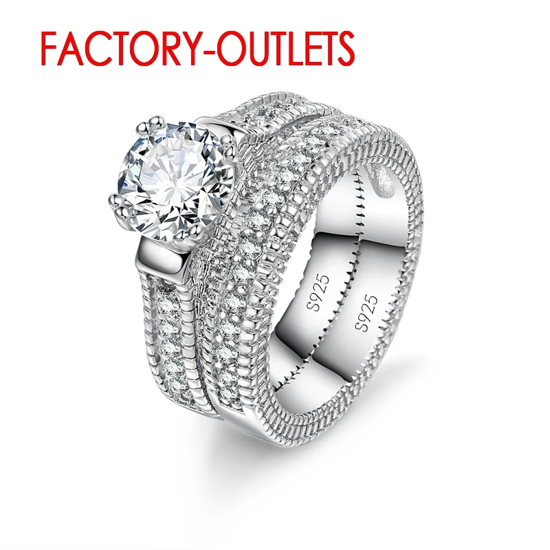 

New Arrival 925 Sterling Silver Ring Bridal Set Two Pcs CZ Crystal Prong Setting Best Gift For Women Men Wedding Engagement