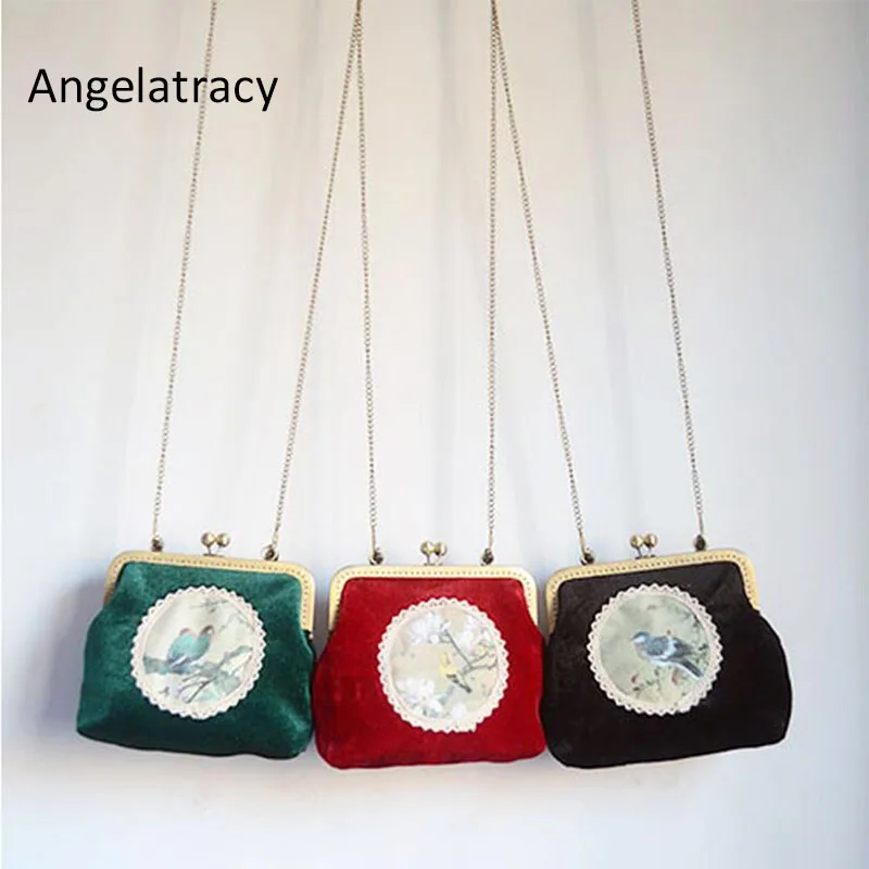 

Angelatracy 2018 Vintage Bird Animal Print Lace Floral Clasp Chain Metal Frame Velvet Crossbody Women's Shoulder Totes Shell Bag