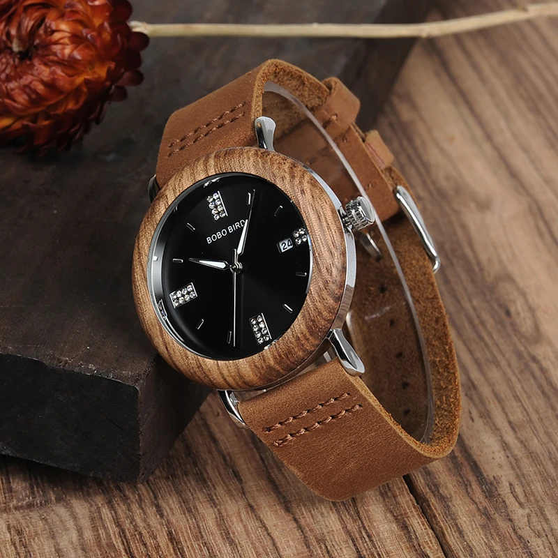 BOBO BIRD Crystal Men Watches Wooden Bezel Steel Watch with Brown Leather Strap in Gift Box