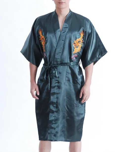 Бордовый Китайский традиционный Мужской Шелковый Атласный халат Вышивка кимоно с драконом банное платье Ночная одежда Размер S M L XL XXL XXXL MP003 - Цвет: Green