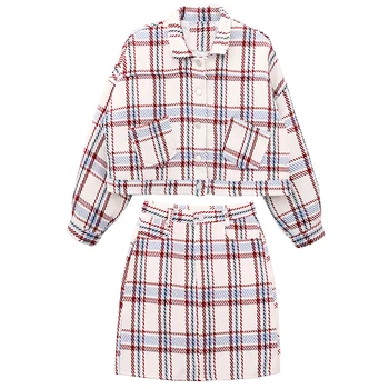 

New Designer Sweet Elegant Shorty Ladies Autumn Spring Two Pieces Sets Work Clothing Women Plaid Slim Short Skirt + Jacket
