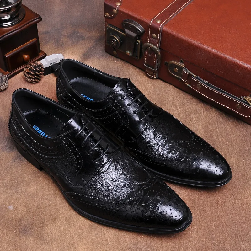 Fashion Crocodile grain brown tan / black mens dress shoes genuine leather oxfords business shoes breathable mens wedding shoes