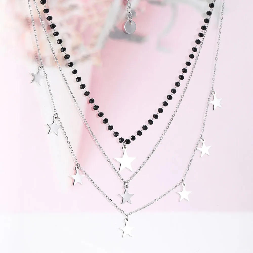 

Multilayer Chains Choker Necklace Stainless Steel Women Black Crystal Star Charms Necklace Bijoux Collier Jewelry 2019 Trendy