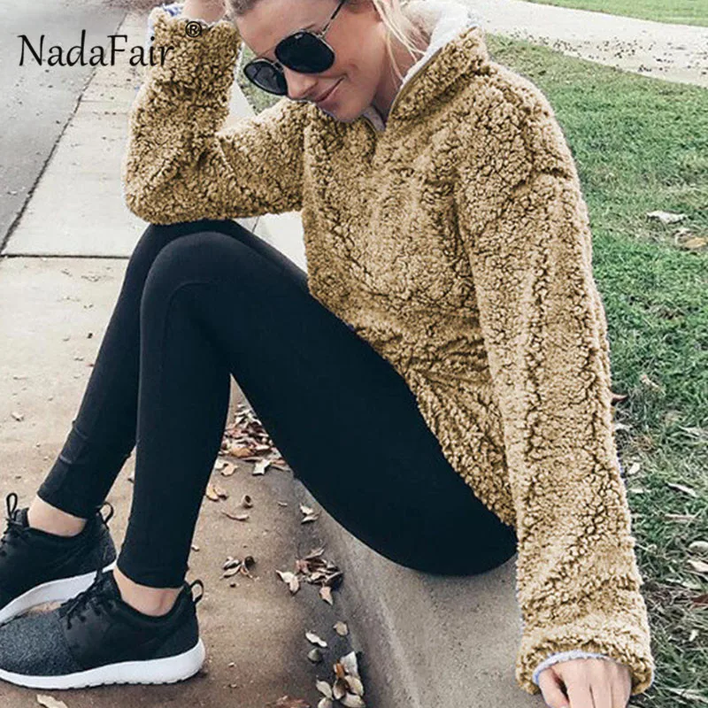 Nadafair/толстовки на молнии с длинным рукавом женские лохматые водолазки Осенние