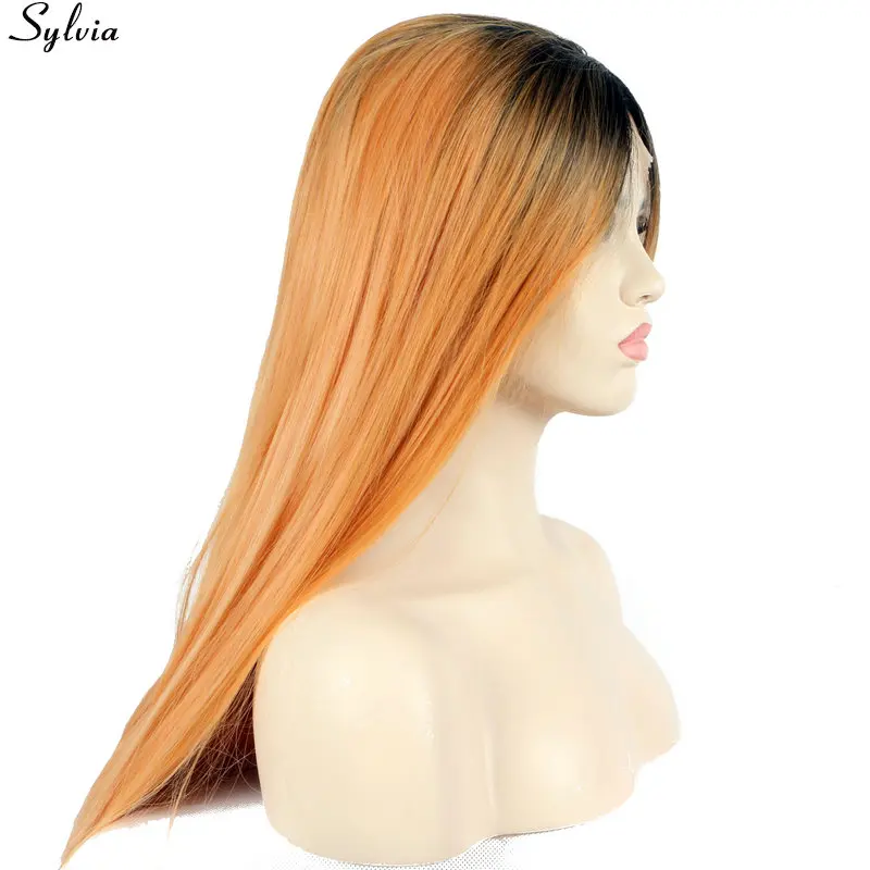 Sylvia Natural Long Silky Straight Ombre Orange Peach Black Roots Synthetic Lace Front Wig Glueless Heat Resistant Hair Wigs (2)