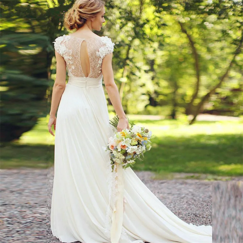 Богемное свадебное платье v-образным вырезом пляжное шифоновое свадебное платье с коротким рукавом Прозрачная спина подвенечное платье Vestido de noiva de renda