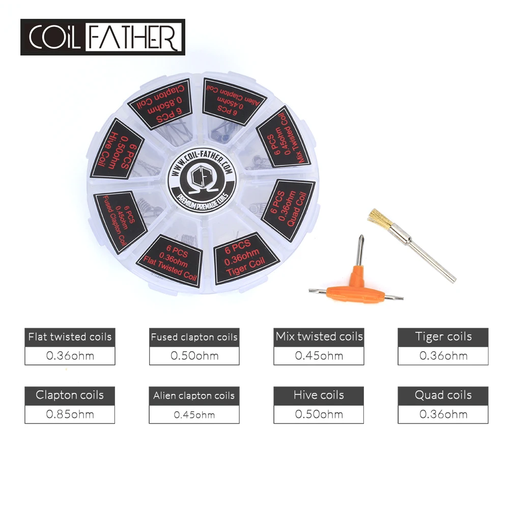 

Coil Father A1 8 in 1 Prebuilt Coil Box Kit Hive Quad Tiger Fused Clapton Mix twisted Coil Brusher T Screwdriver For Vape DIY