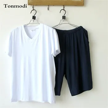 

Men's Pajamas Summern Bamboo Fiber Cotton Pajamas Short sleeve Solid V-neck Pyjamas Men Lounge Pajama Set