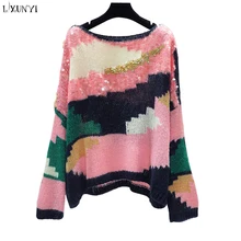 LXUNYI розовый лоскутный свитер с блестками, пуловер для женщин,, Осенний вязаный свитер, свободные свитера, Женский вязаный свитер с круглым воротником