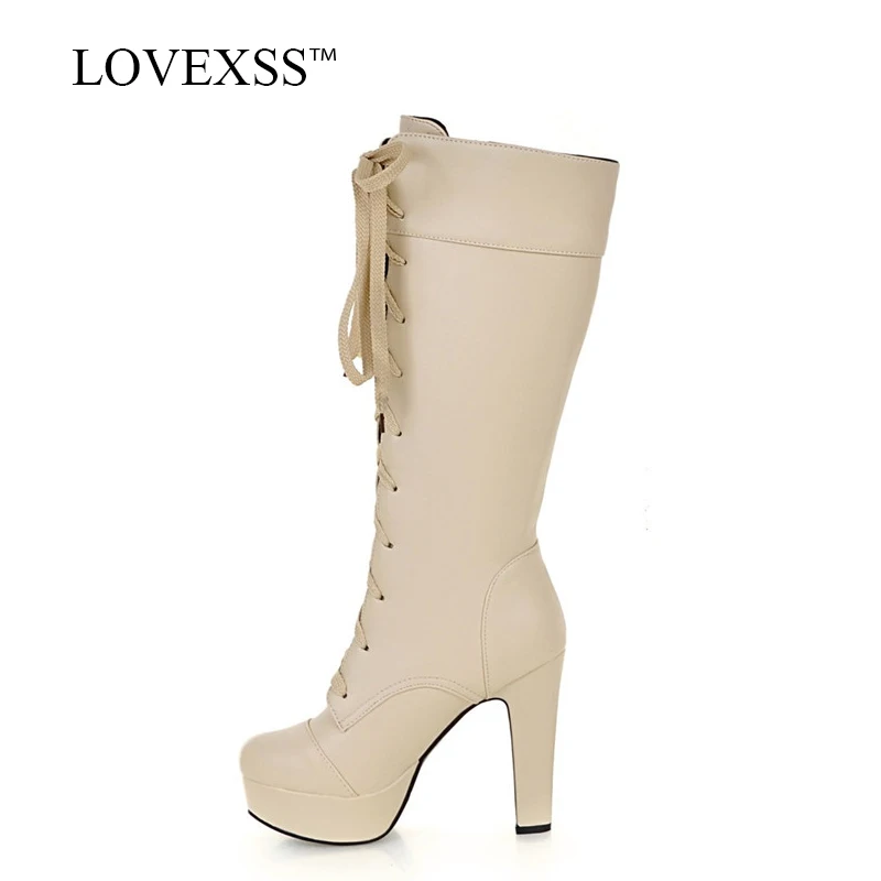 

LOVEXSS Winter Fashion Black High Heeled Shoes Women Lace Up Knee High Boots Plus Size 33 - 43 White Round Toe Knee High Boots