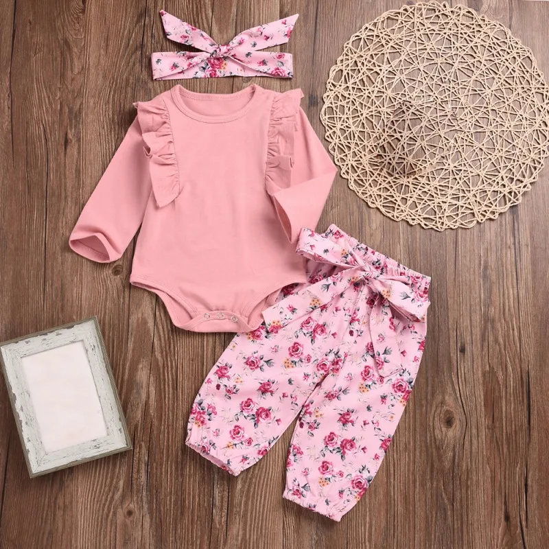 Baby Girl Clothes Set Lovely Fly Sleeve Romper +Floral Pants +Headband Clothes for 3-24M