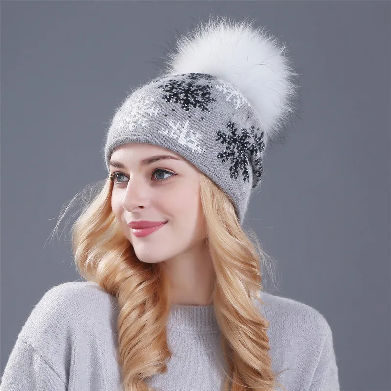 gray hat white pom XTHREE, настоящая норка, помпоны, шерсть, мех кролика, вязанные шапочки Skullies, зимняя женская шапка, шапка для девочек, feminino beanies, шапка - Цвет: gray hat white pom
