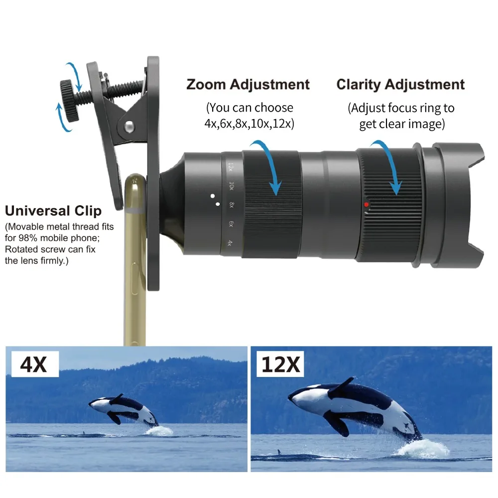 Apexel Mobile Phone Camera lens Optical 4-12X Zoom Telephoto Telescope Lens+Mini selfie Tripod for all smartphones 14 9