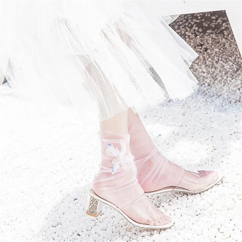 Women Big Flower Fluffy Socks Summer Ultrathin Sheer Socks Ladies