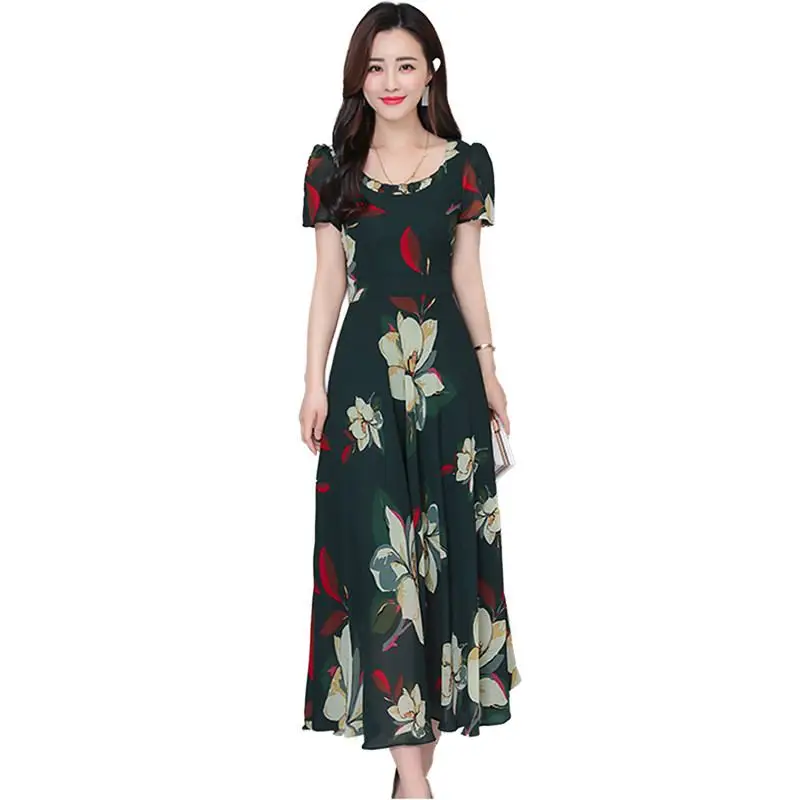 

4XL Plus Summer 2019 Women Dress Boho Floral Print Maxi Dress Chiffon Beach Dress O-Neck Long Dresses Short Sleeve Vestidos L202
