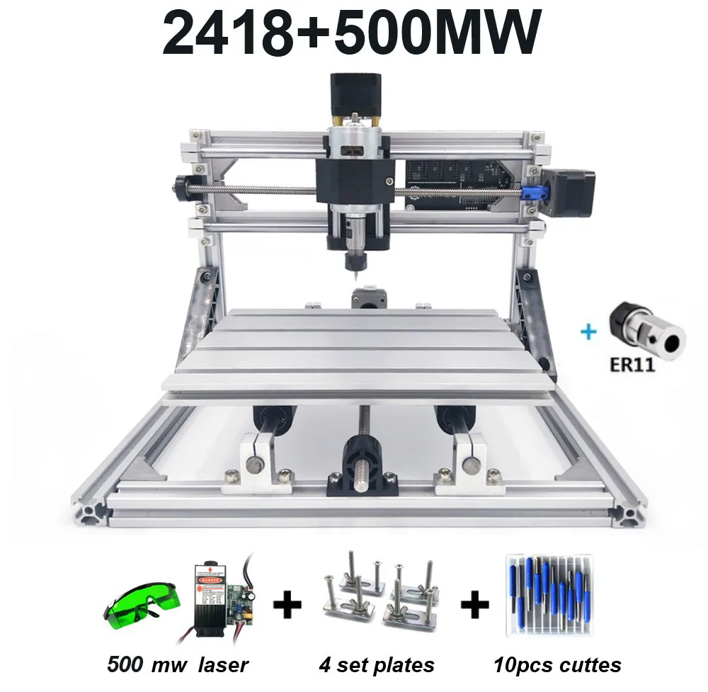 3 оси ЧПУ 2418 с ER11, DIY мини лазерный гравировальный станок с ЧПУ, Pcb фрезерный станок, резьба по дереву маршрутизатор, ЧПУ маршрутизатор, игрушки - Цвет: 2418 ER11 500mw