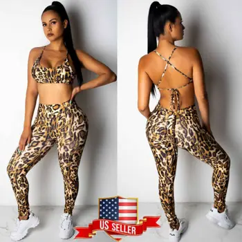 

New Fashion Sexy Womens Skinny Pants Outfits Set 2 Piece Tracksuit Leopard Stretchy Crop Tops