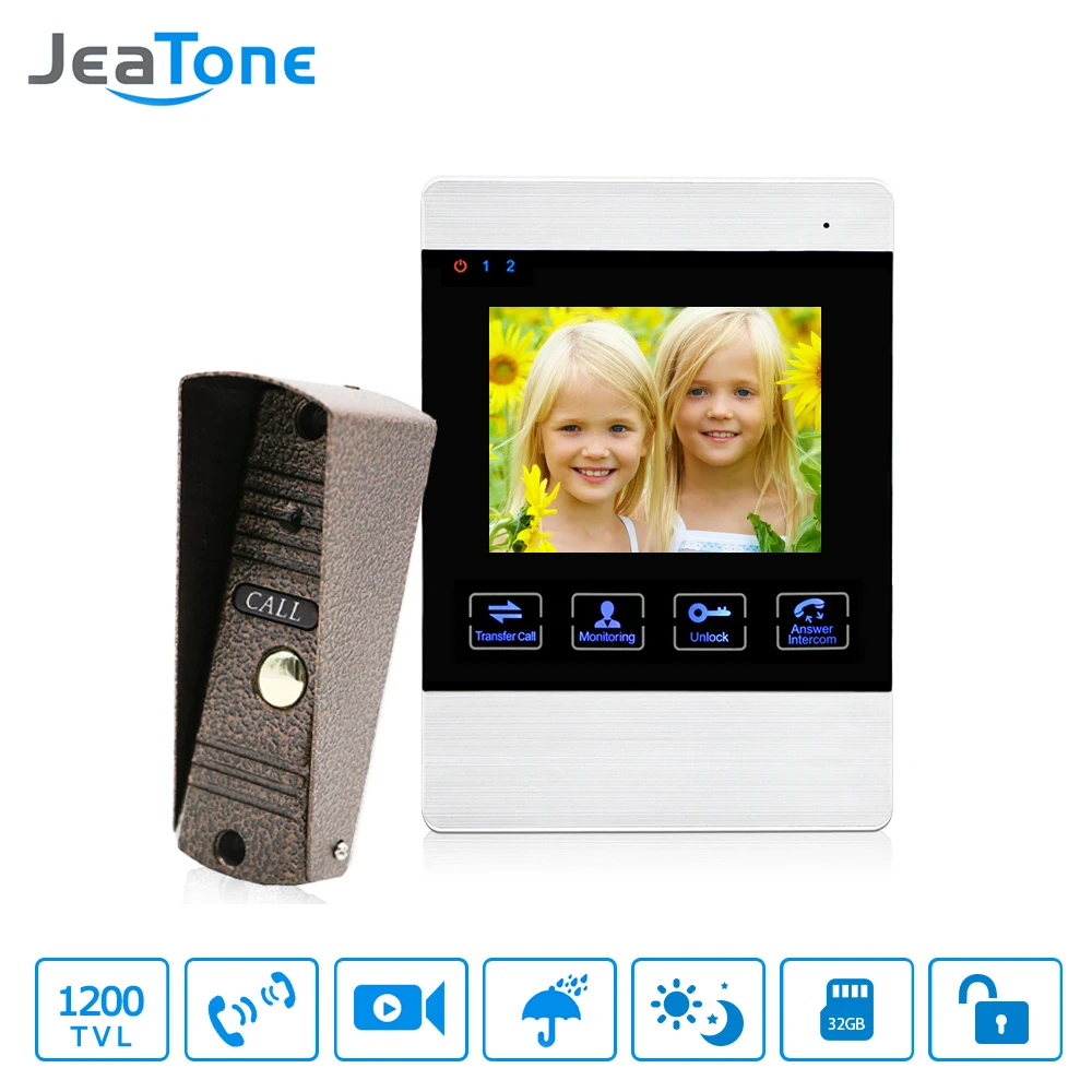 JeaTone 4 дюймовый проводной дверной телефон видеодомофон звонок водонепроницаемый