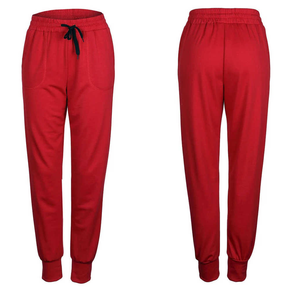 2018 Autumn Winter Fashion Women Sporting Trousers Elastic Waist Drawstring Pockets Casual Sportswear Loose Pants Red/Grey