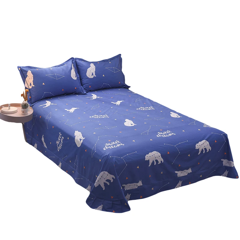 

White Cartoon Bear Pattern 3Pcs Flat Sheet King Size Cotton Blend Printed Flat Sheets Bed Sheets With Pillow Covers Pillowcase