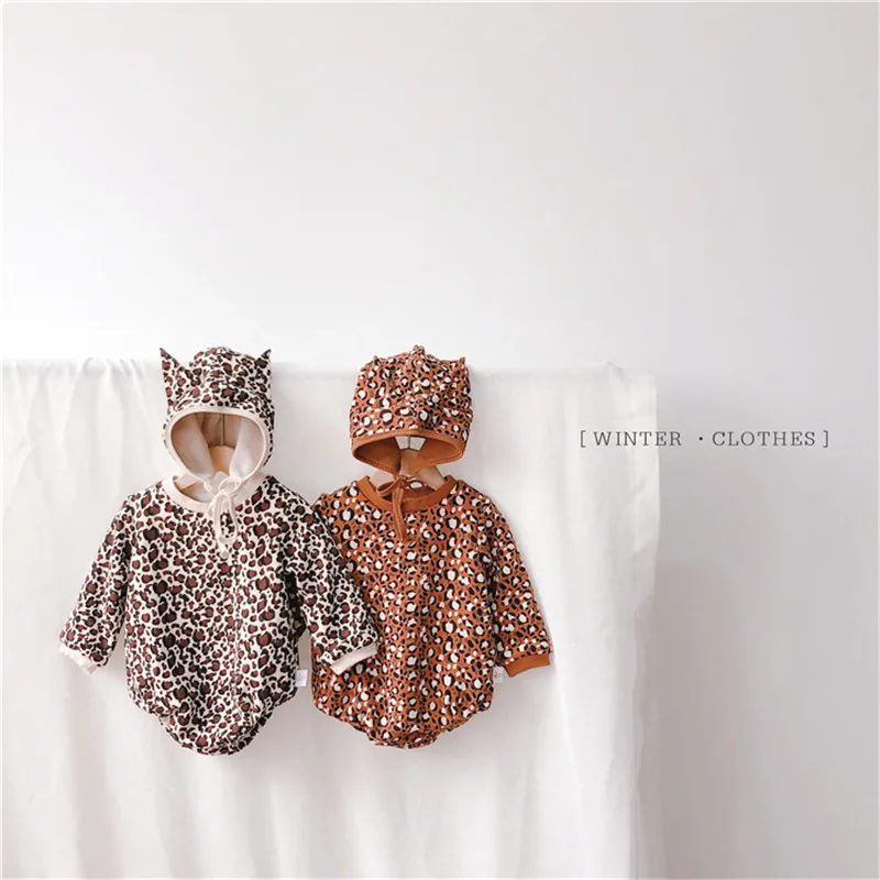 

EnkeliBB Supper Cute Baby Gift Leopard Print Romper For Baby Winter Warm Long Sleeve Jumpsuit With Hat Cute Lion Rompers