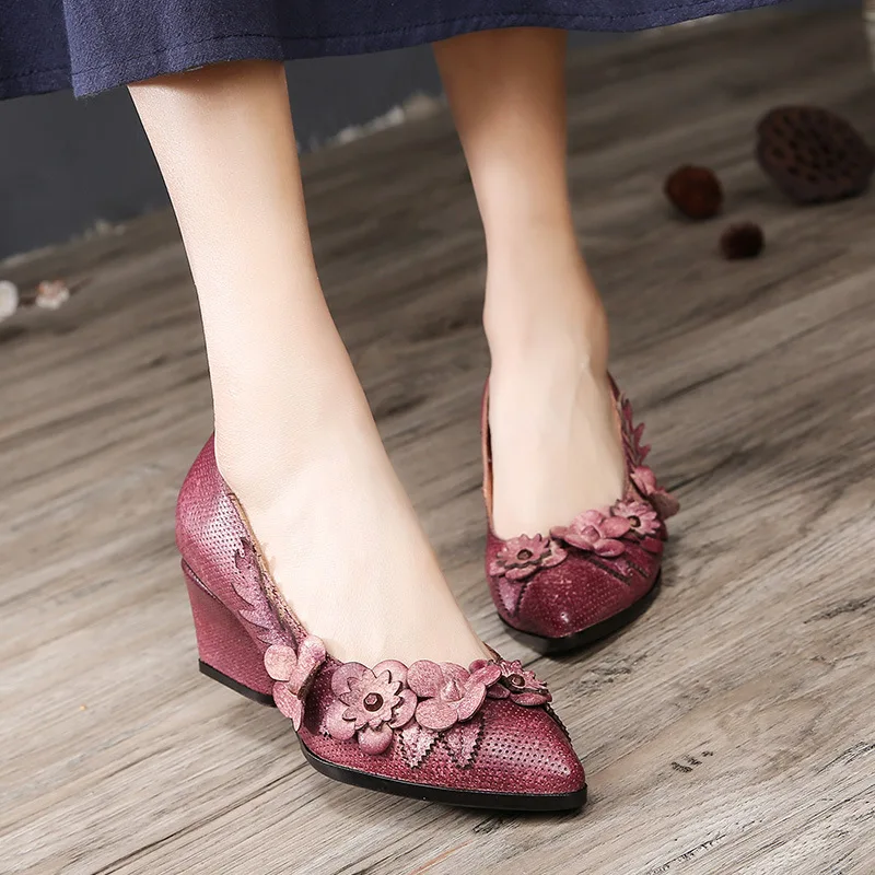 

Retro 2018 Spring High Heel Women Pumps Genuine Leather Handmade Pointed Women's Shoes Thick Heel Shallow Mouth